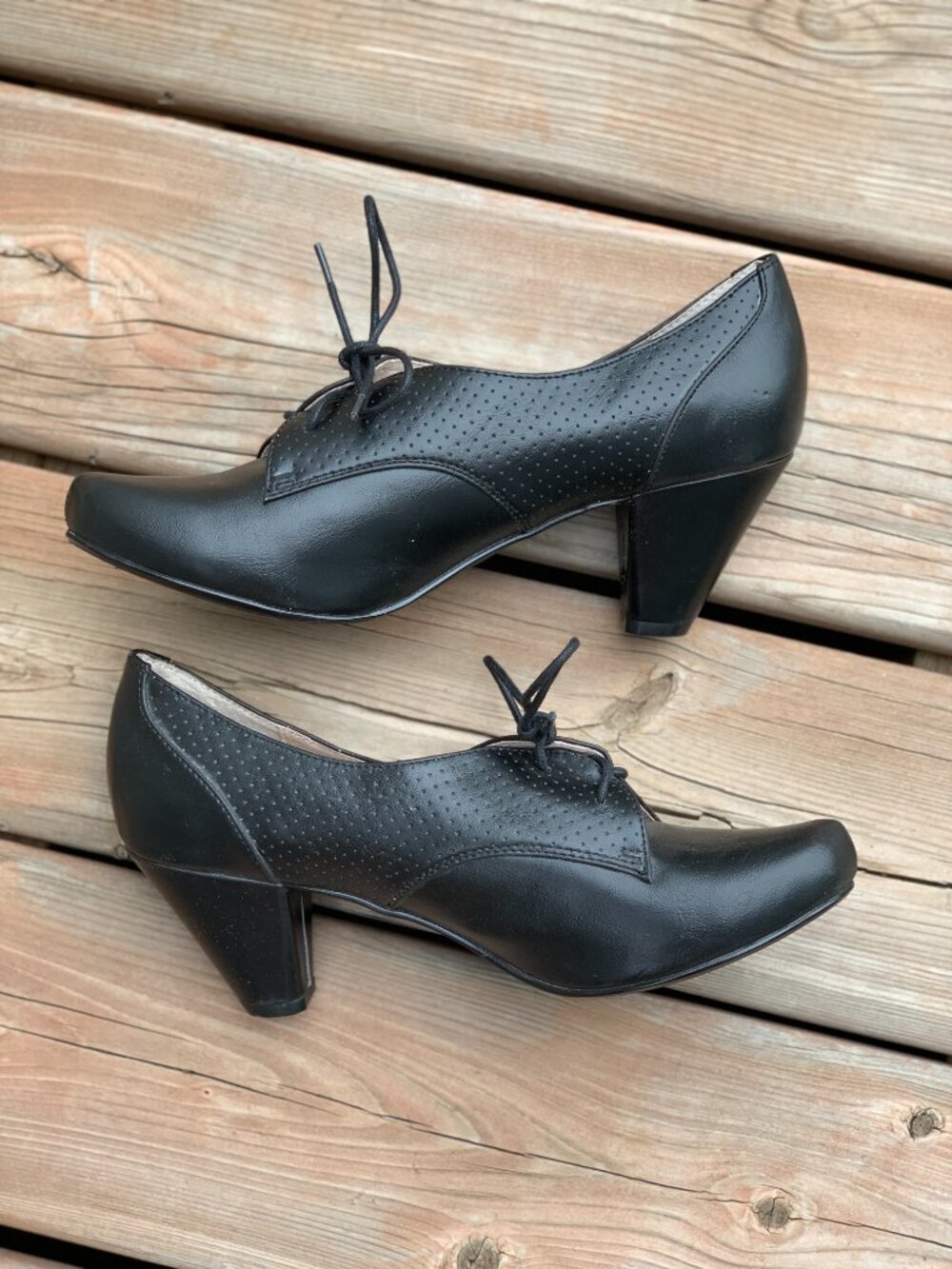 Chelsea Crew Oxford Pump 40 US9 Black Leather Matis Mid Heel Lace Up Retro Shoes